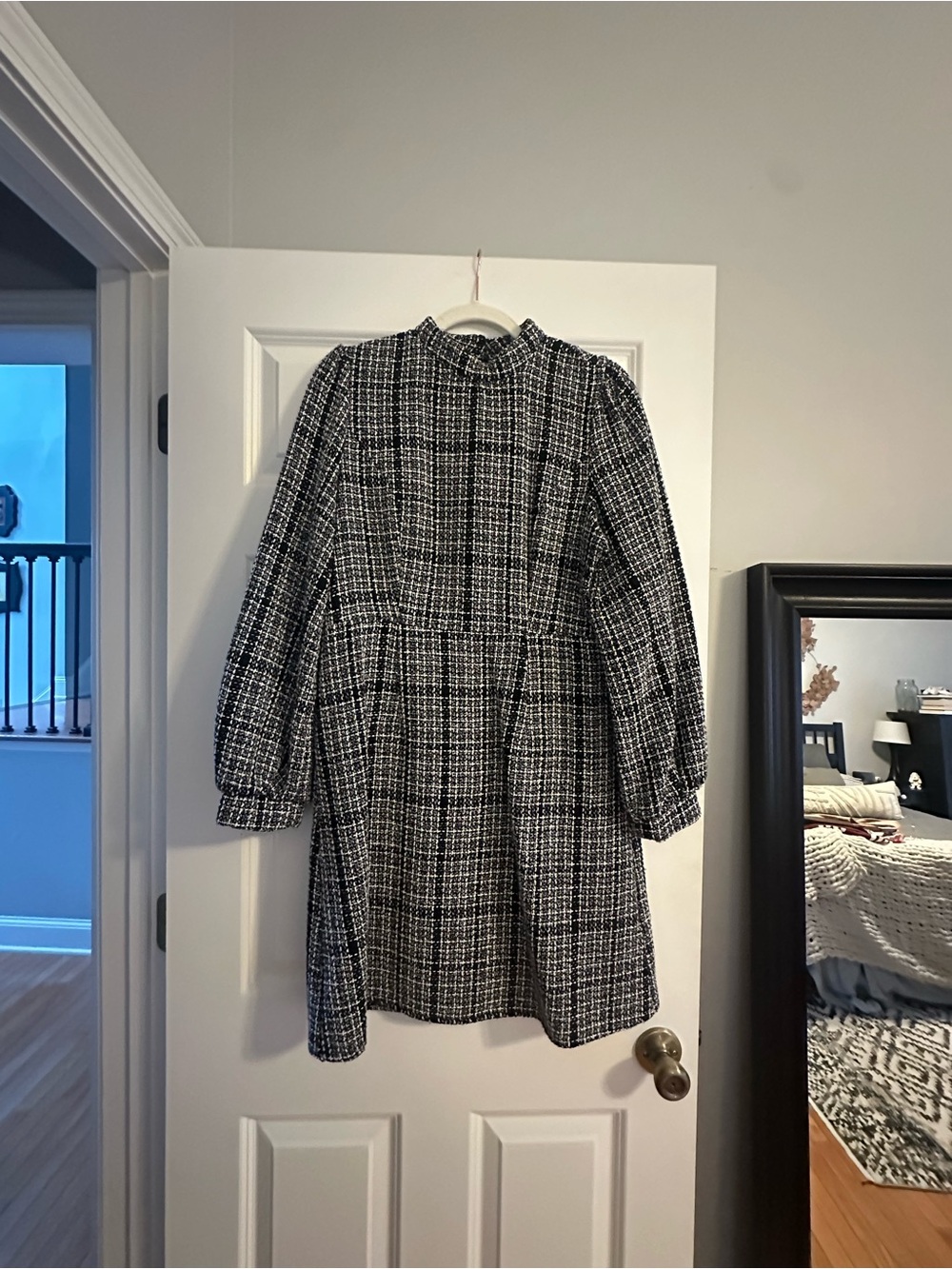 Black and White Plaid Long-Sleeve Mini Dress